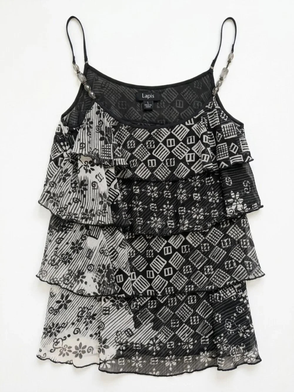 Lapis Black & White Tiered Ruffle Camisole